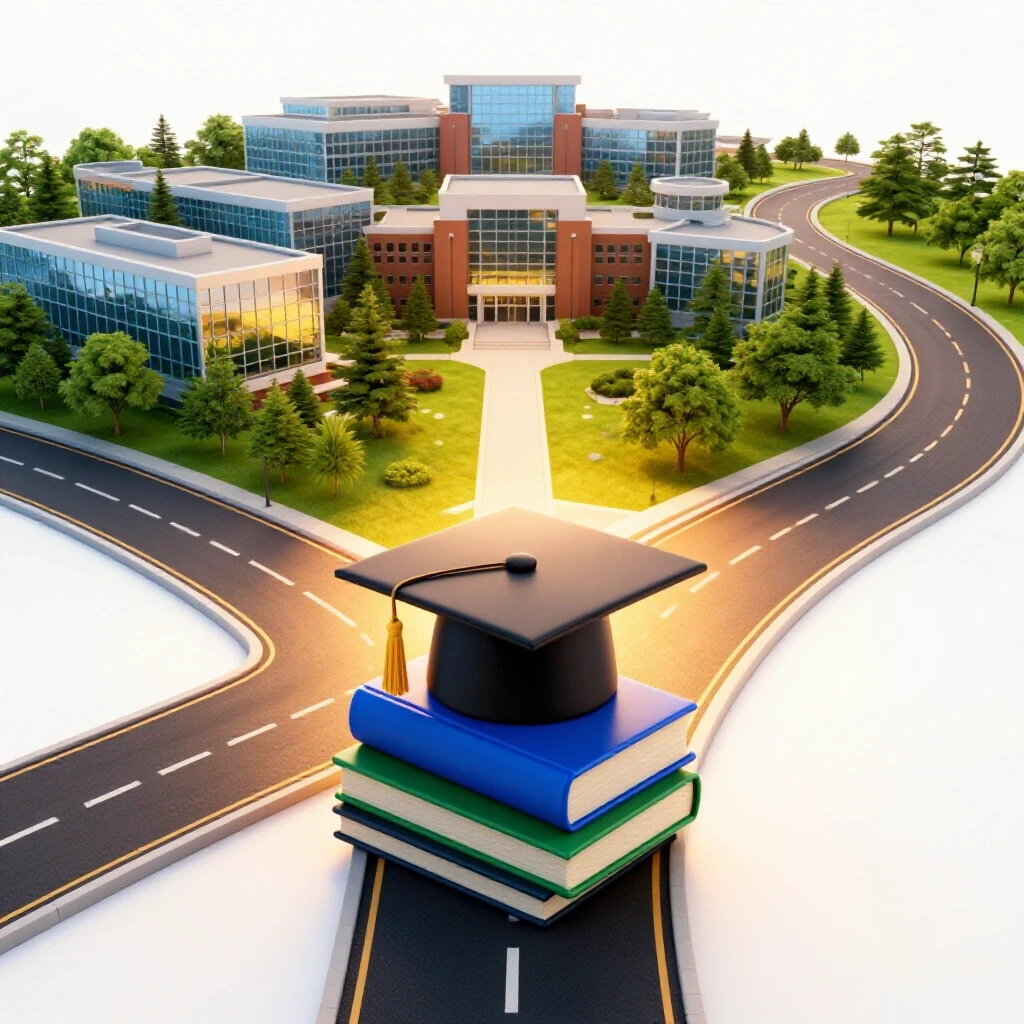 Glossy graduation cap atop colorful books at a crossroads between a bright college campus and a winding path, symbolizing leaving and returning decisions.