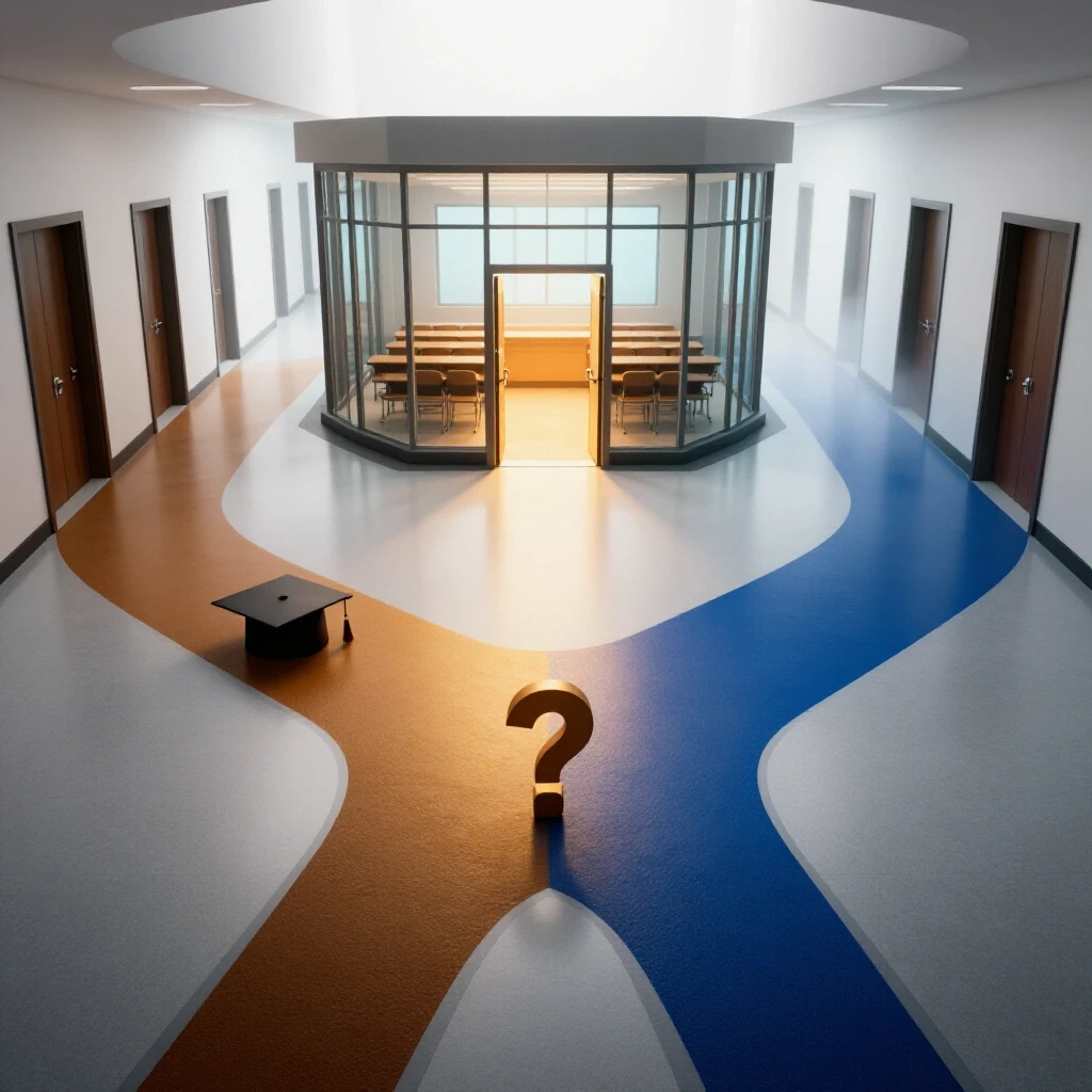 Dramatic crossroads in a bright university hallway, one path leads to a warm classroom, the other fades into uncertainty.