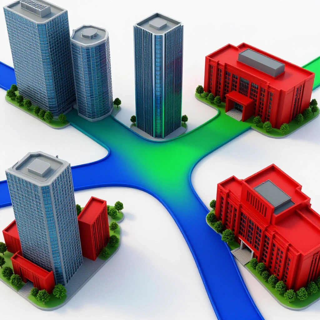 Vibrant crossroads splitting toward a modern office and an academic building on a bright white background