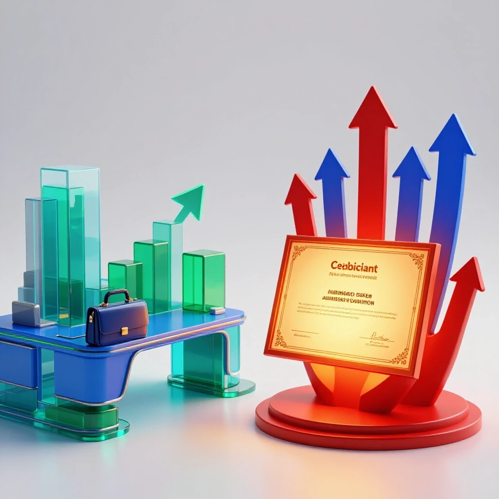 Split image with bold 3D office symbols on one side, glowing certificate and upward arrows on the other, set on a bright background.