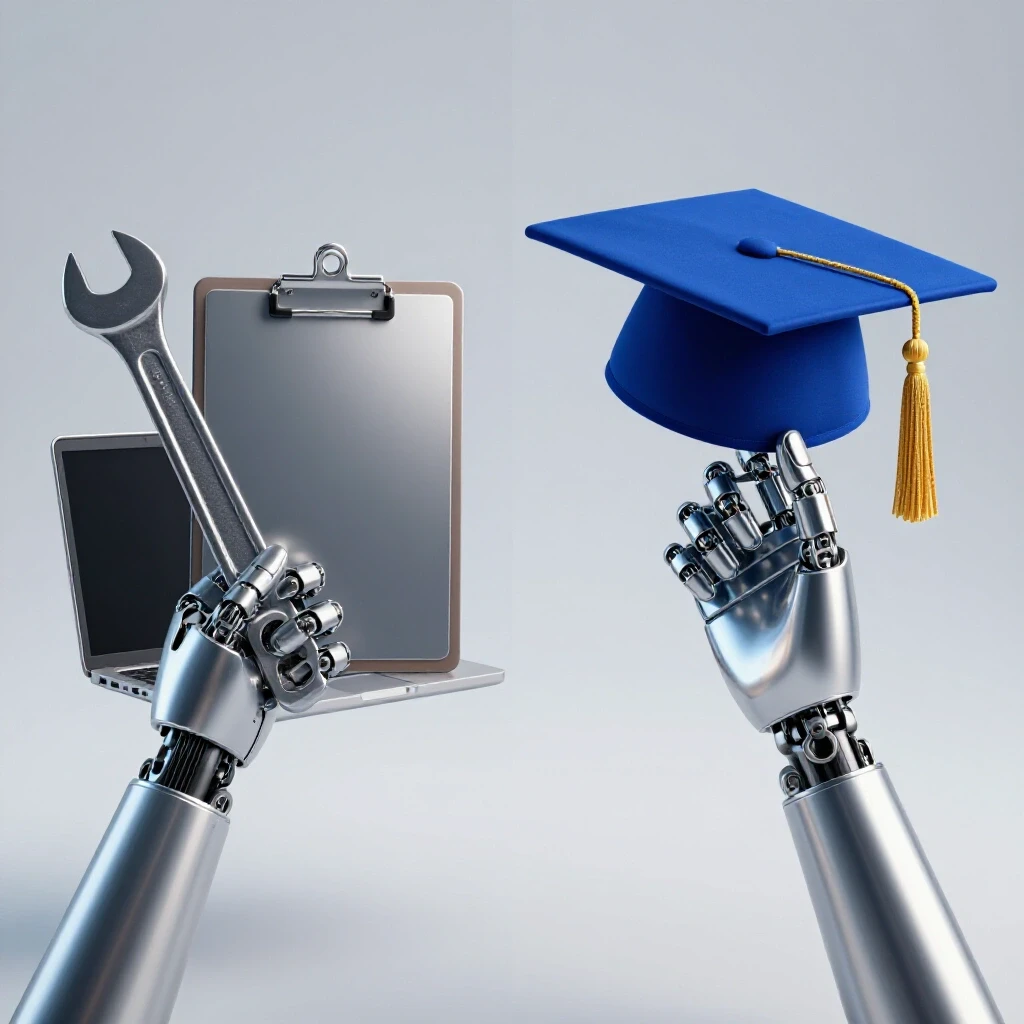 Split image of professional tools and a graduation cap held by robotic hands, contrasting work and education pathways.