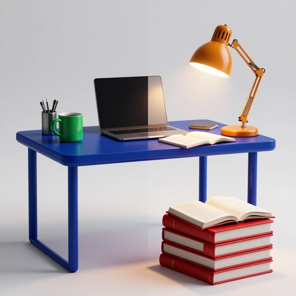 Split scene showing a contrasting work desk setup and academic book stack on a bright studio background.