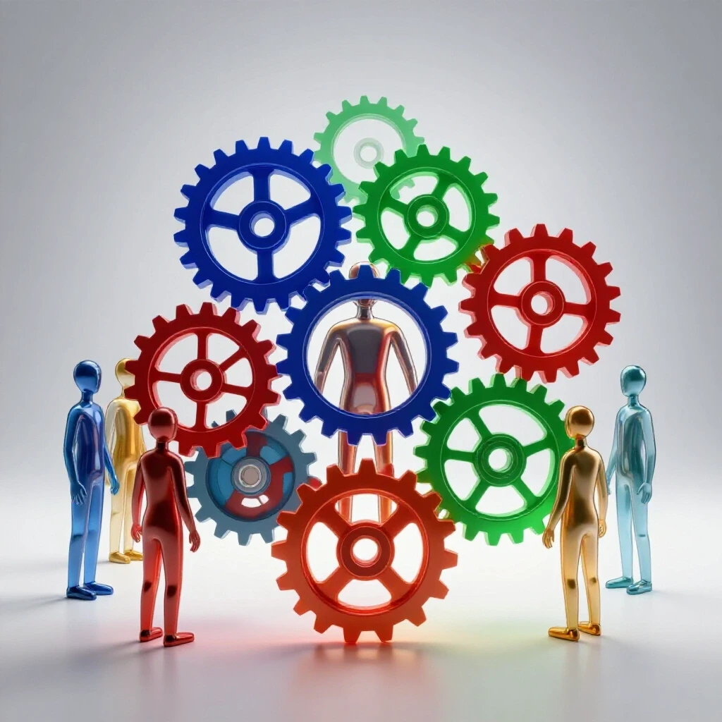 Abstract figures connect glowing, colorful gears at the center, symbolizing workforce development progress.