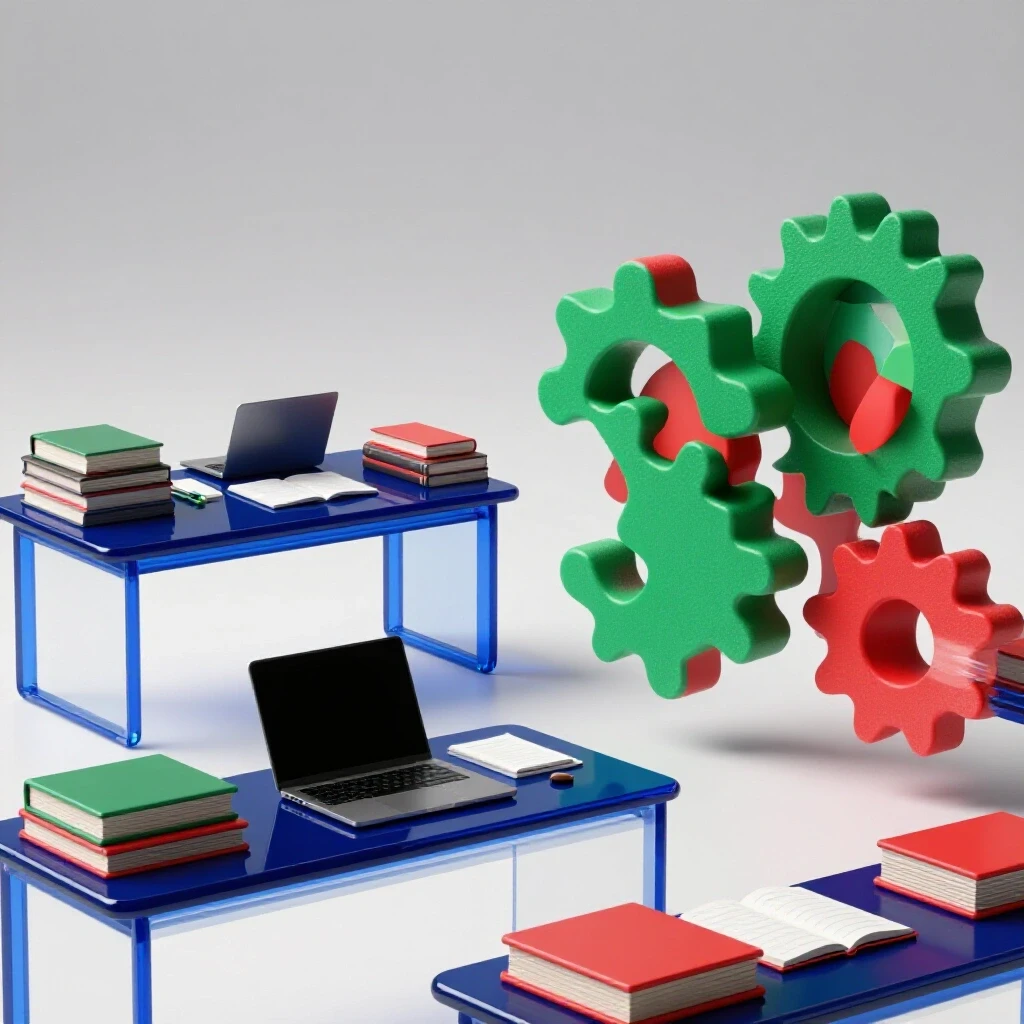 Split scene of a blue desk with solo study items and contrasting green-red interactive elements symbolizing group projects on a bright background.