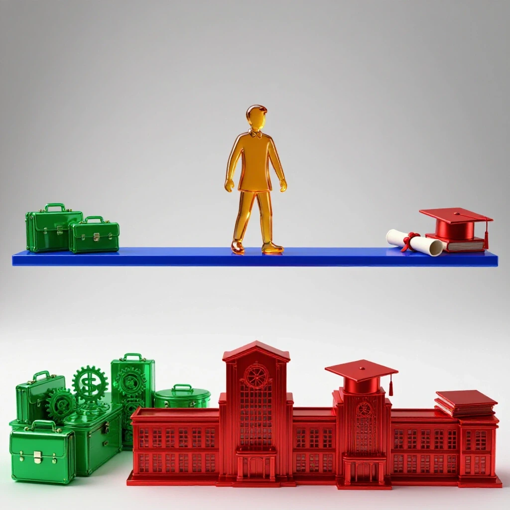 A student figure balances on a colorful beam between a workplace with briefcases and an academic campus with books.