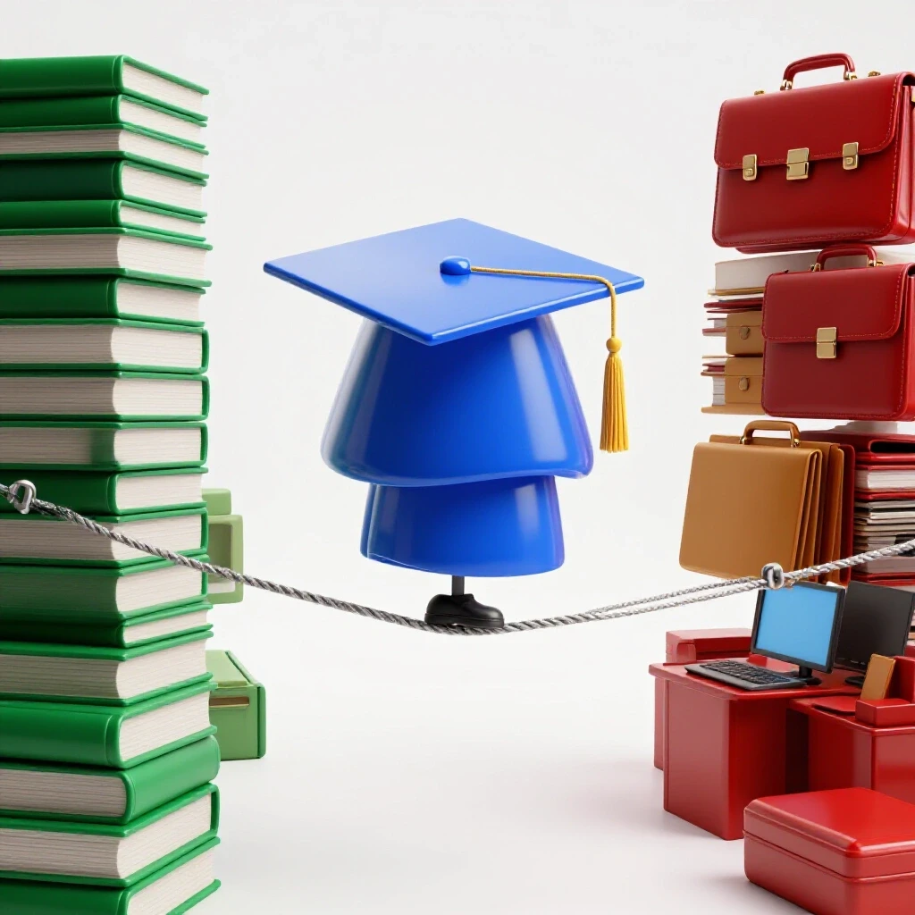 A graduation cap balances on a tightrope between a stack of green textbooks and red office items, symbolizing juggling work and study.
