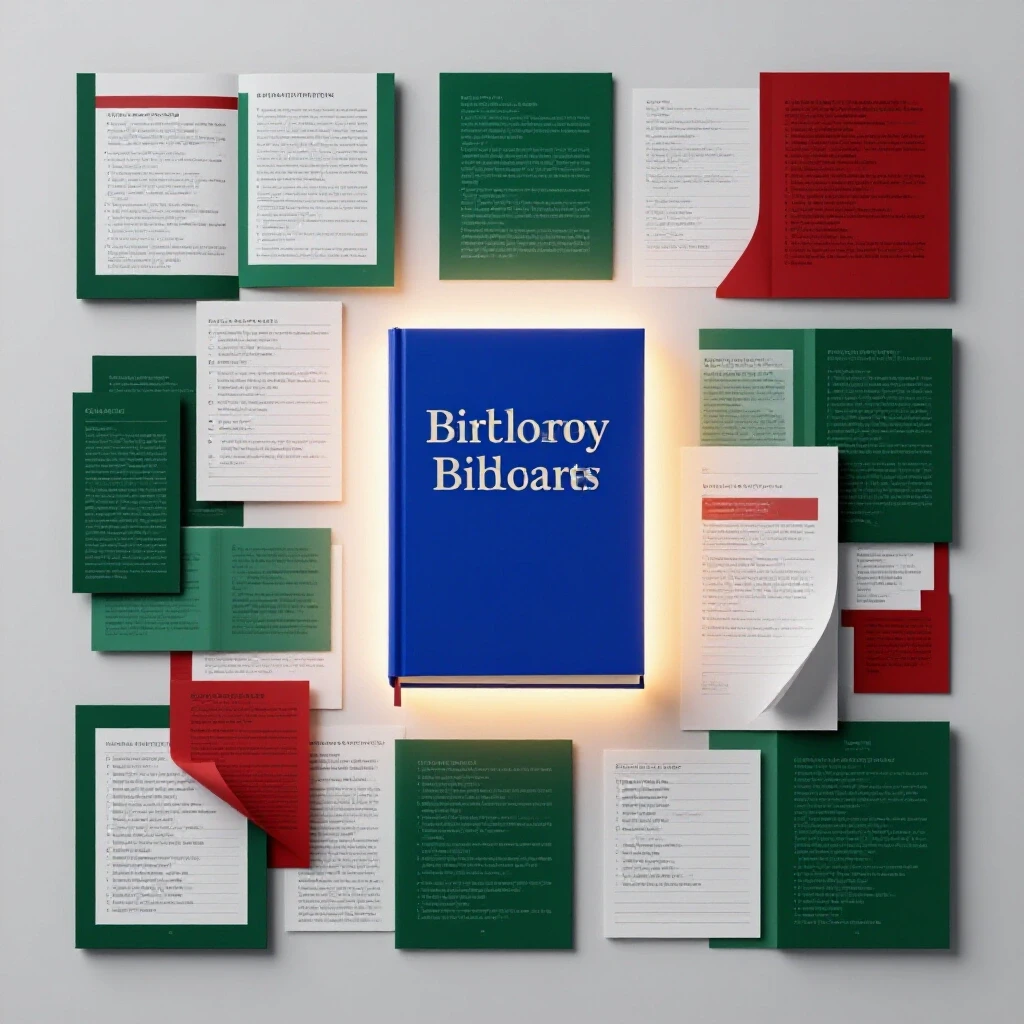 A luminous blue bibliography page stands out on a white desktop surrounded by colorful research notes and citation cards.