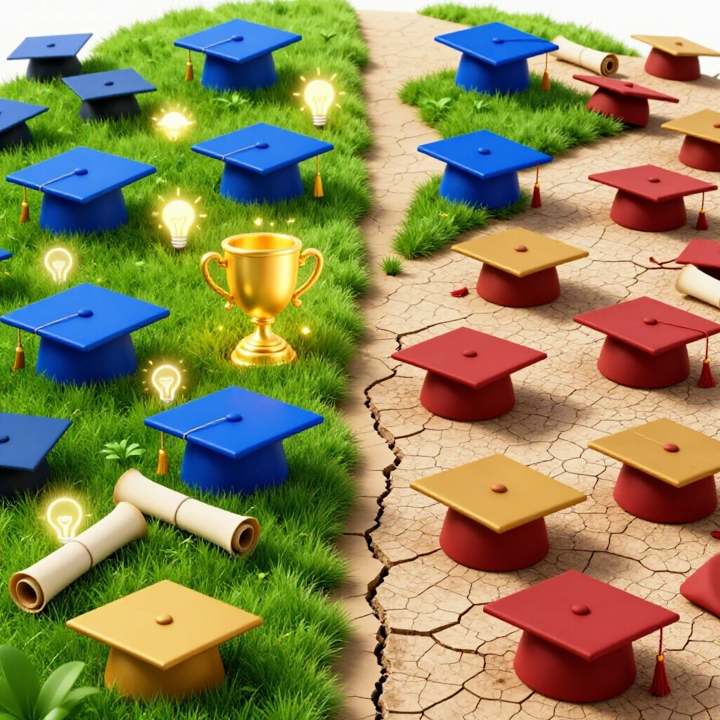 Split path with one side lush and filled with opportunity symbols, the other barren with faded academic regalia