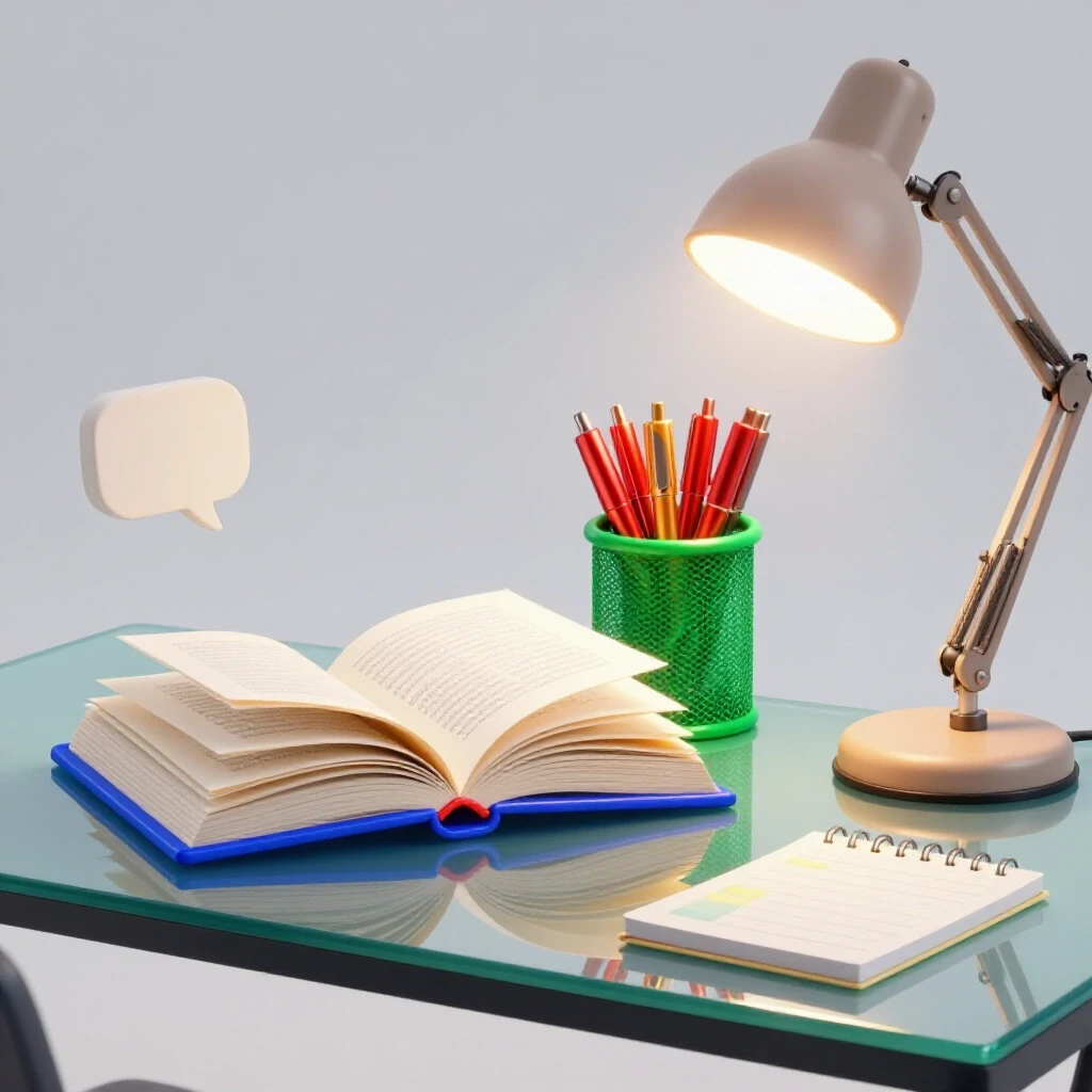Vivid study desk with an open blue book, pens in a holder, and glowing lamp in a bright, inviting space.