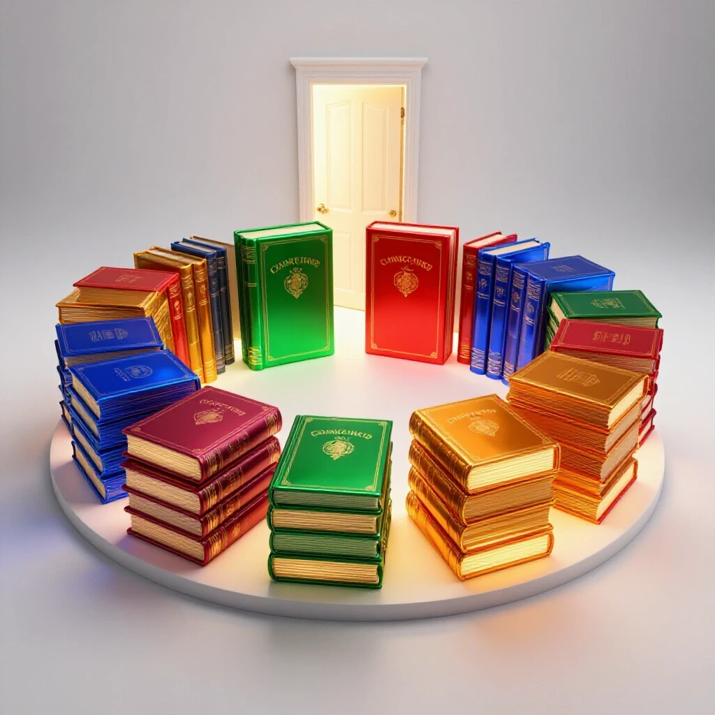 Vibrant manuscripts glow in a semicircle before a luminous door on a bright, clean background.