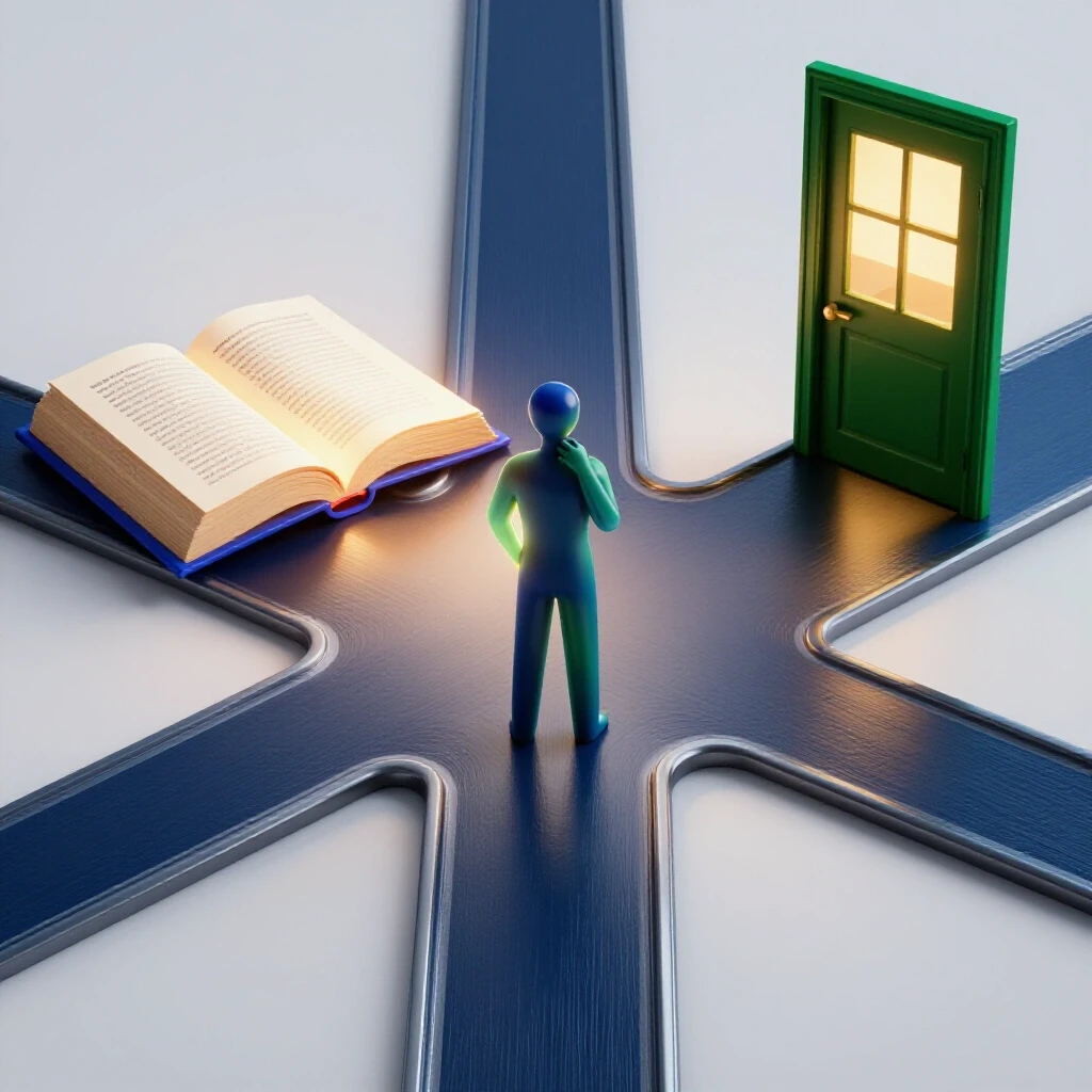 Crossroads featuring an open glowing book and an inviting office door with a figure deciding at the center.