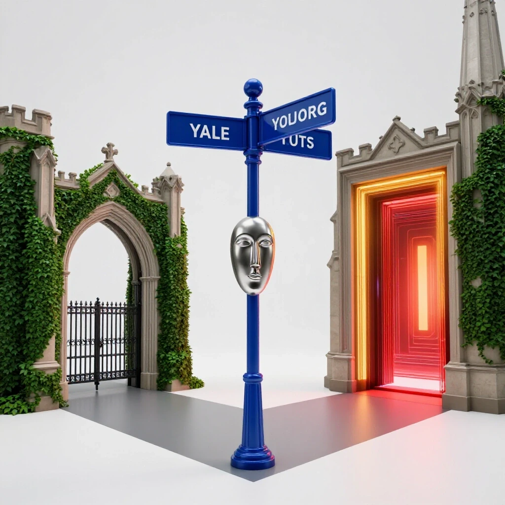 A crossroads signpost between a classic Yale campus gateway and a glowing digital screen, symbolizing choice.