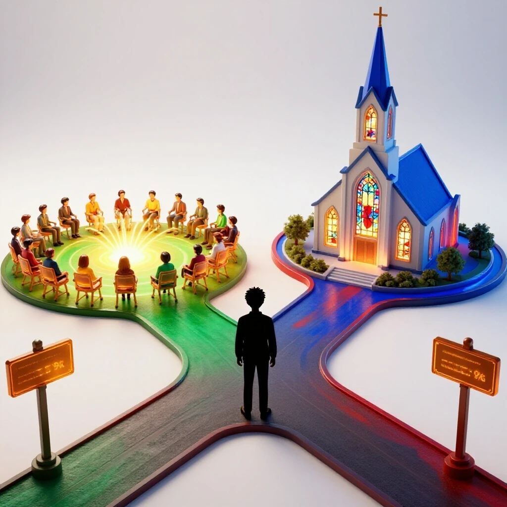 At a bright crossroads, a young person's silhouette chooses between a vibrant community gathering and a glowing chapel.