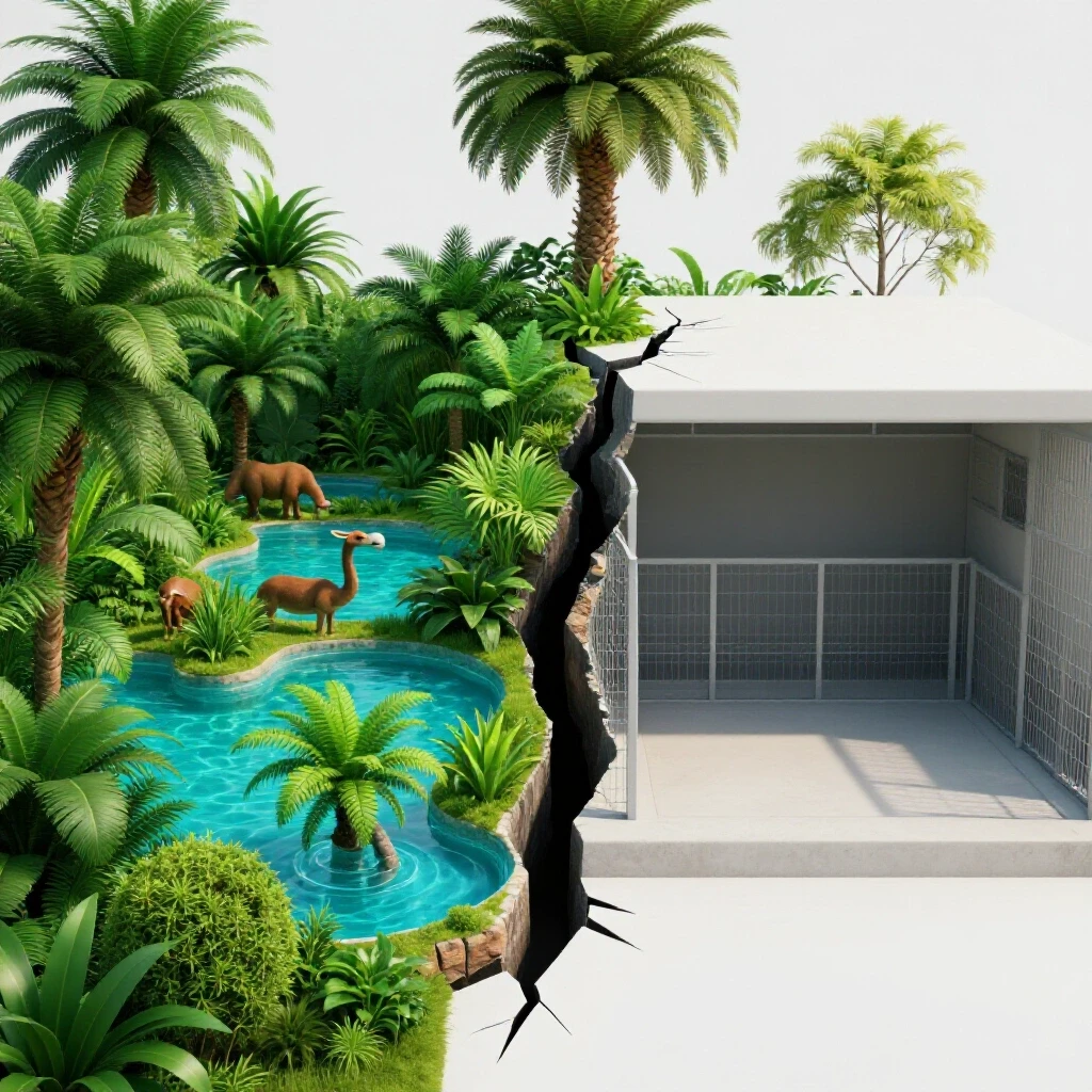 Split scene showing a thriving, colorful zoo habitat divided by a dramatic chasm from an empty, faded enclosure.