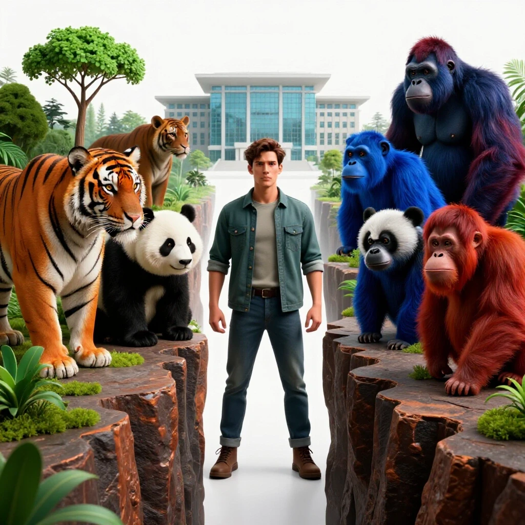 A confident individual stands among vibrant endangered animals, separated from a distant academic building by a deep chasm.