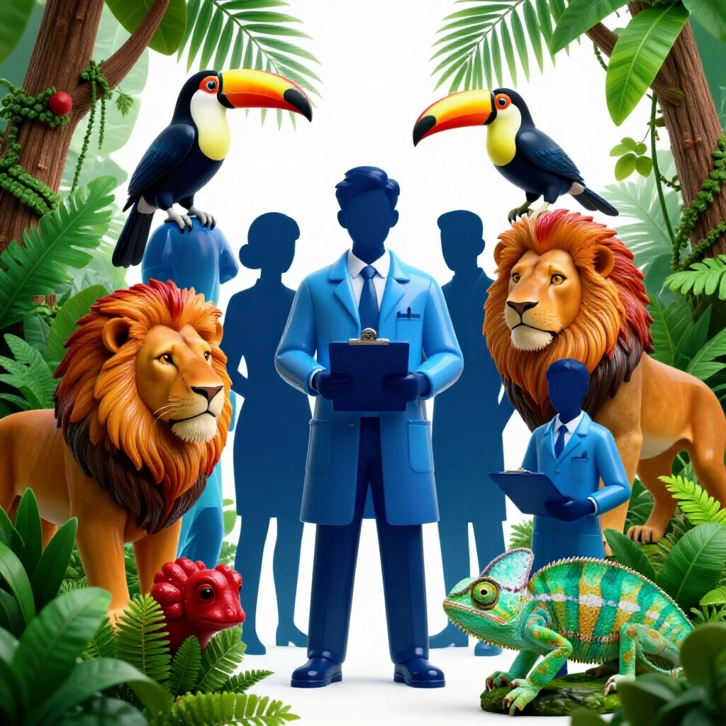 A vibrant jungle scene where animals morph into professional silhouettes, blending careers with wildlife.