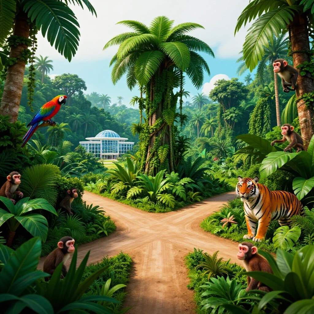 Colorful jungle crossroads with animals and a distant university path amid lush foliage, brightly lit background