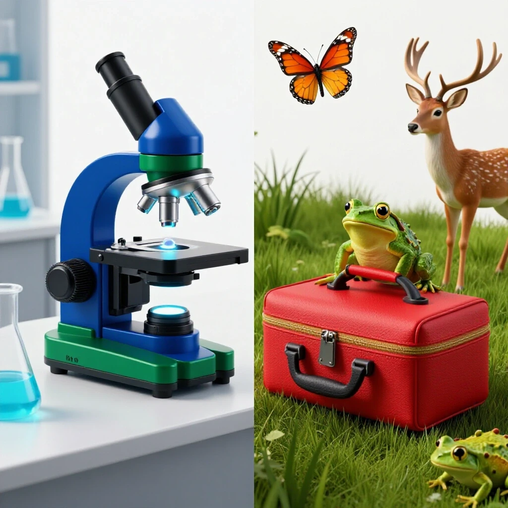 Split 3D scene of a laboratory microscope analyzing animal cells and a field kit with animals in habitat, vibrant colors, bright background.