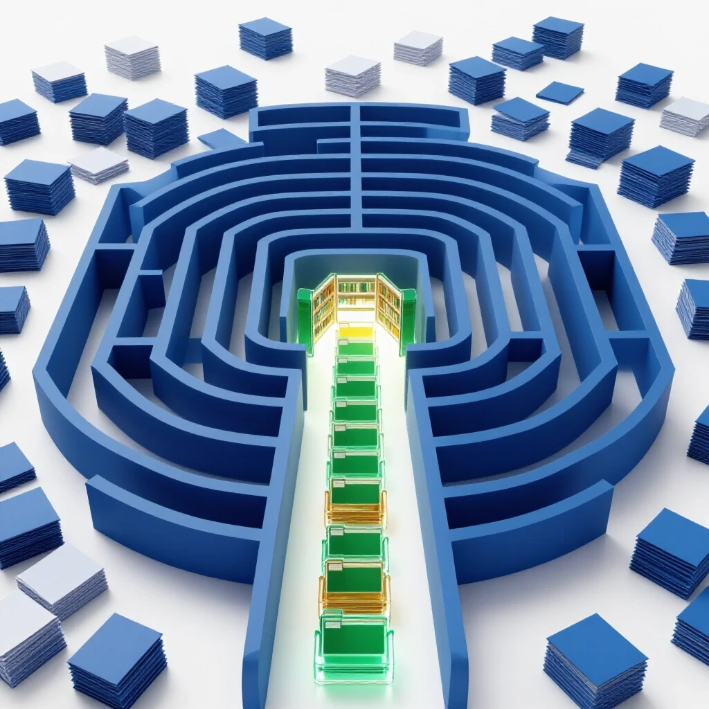 A vibrant maze of scattered papers transitions into glowing digital folders guiding toward an organized library portal.